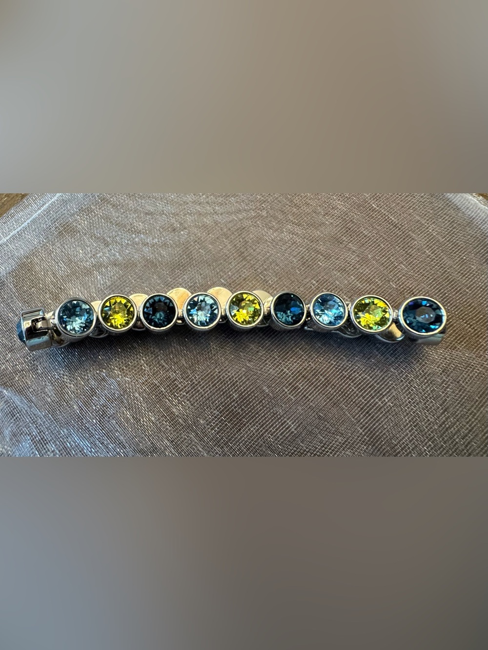 Touchstone Crystal Silver-Tone Bracelet 💙💚 Blue & Lime Green Swarovski Crystals - Picture 2 of 5